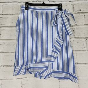 Loft Wrap Tie Knee Length Skirt Rayon Linen Blue White Striped Women's Size 8